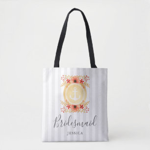 Nautical Watercolor Floral Gold Anchor Bridesmaid Tote Bag