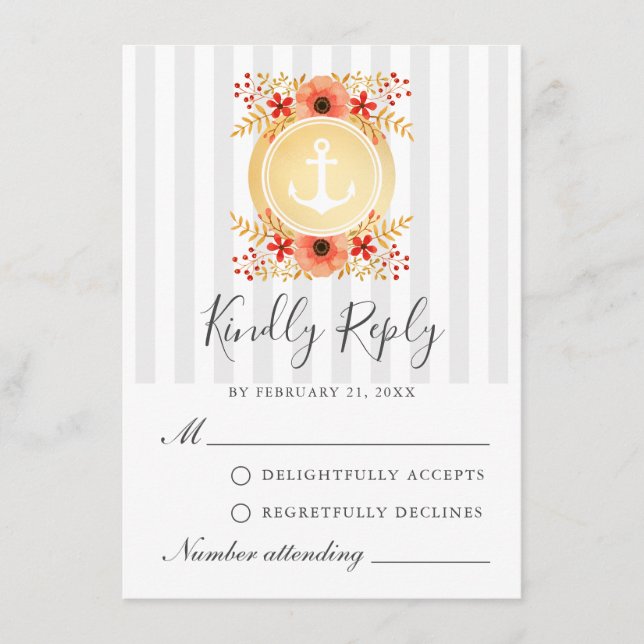 Nautical Watercolor Floral Gold Anchor RSVP Card (Front)