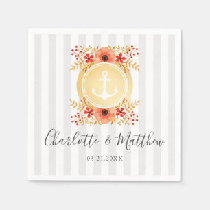 Nautical Watercolor Floral Gold Anchor Wedding Napkin