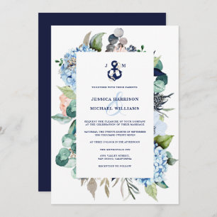 Nautical Watercolor Floral Hydrangea Wedding Invitation