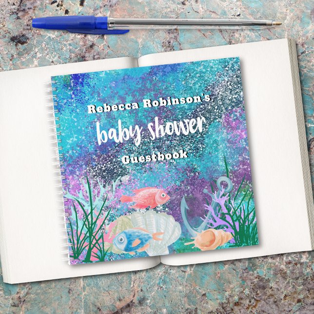 Nautical Watercolor Glitter Baby Shower Guestbook Notebook (Creator Uploaded)