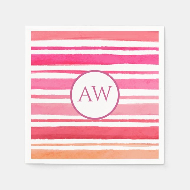 Nautical Watercolor Pink Stripe Monogram Napkin (Front)