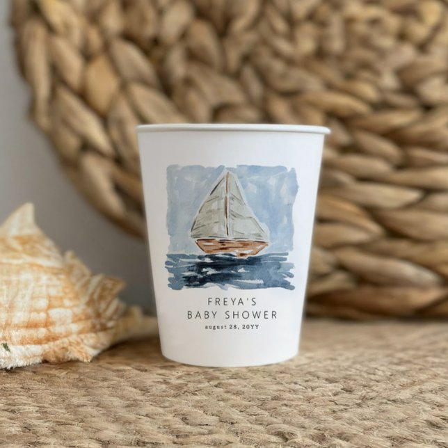 Nautical Watercolor Sailboat Baby Shower Custom Paper Cups (Nautical watercolor sailboat modern baby shower party personalized paper cups.)