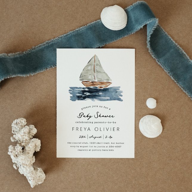 Nautical Watercolor Sailboat Baby Shower Invitation (Blue nautical watercolor sailboat modern baby shower invitation.)