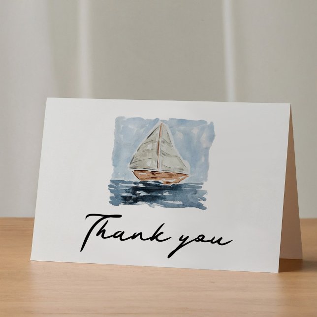 Nautical Watercolor Sailboat Baby Shower Thank You Card (Nautical watercolor sailboat Thank You folded greeting card.)
