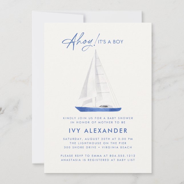 Nautical Watercolor Sailboat Boy Baby Shower  Invitation (Front)