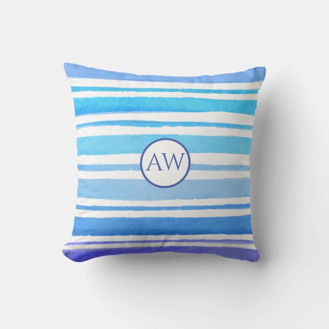 Nautical Watercolor Sea Blue Stripe Monogram Cushion (Front)