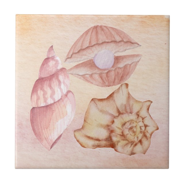 Nautical watercolor Seashells pink painting art Ceramic Tile (Front)