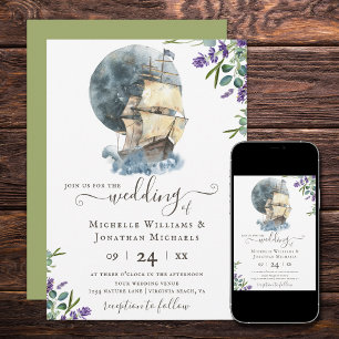 Nautical Watercolor Ship Sailing Lavender Wedding Invitation