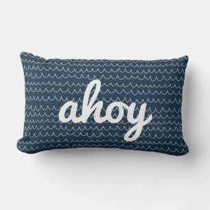 Nautical Wave Modern Coastal Ahoy Script Lumbar Cushion