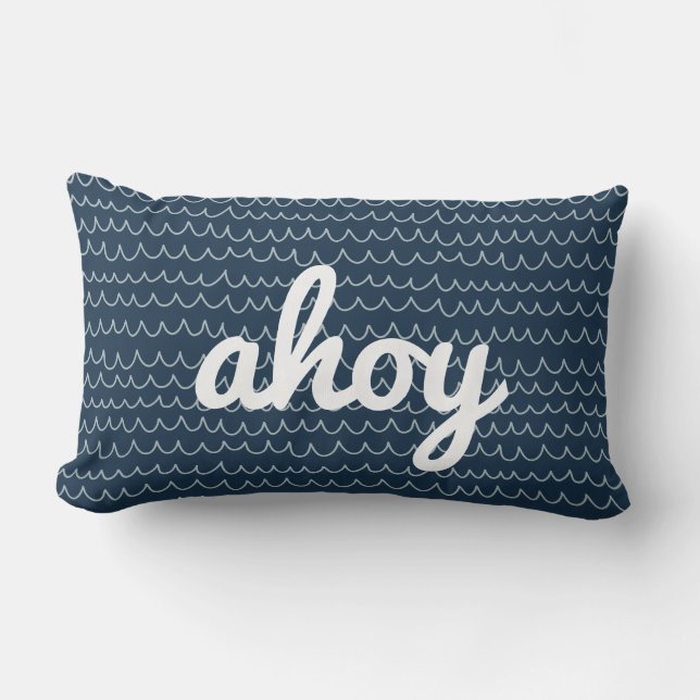 Nautical Wave Modern Coastal Ahoy Script Lumbar Cushion (Front)