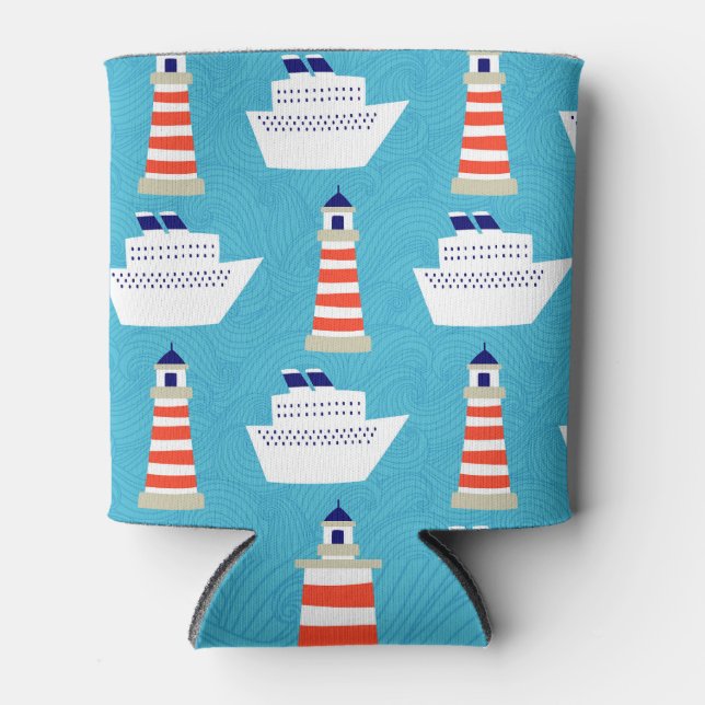 Nautical Waves: Lighthouse Cruiser Pattern. Can Cooler (Front)