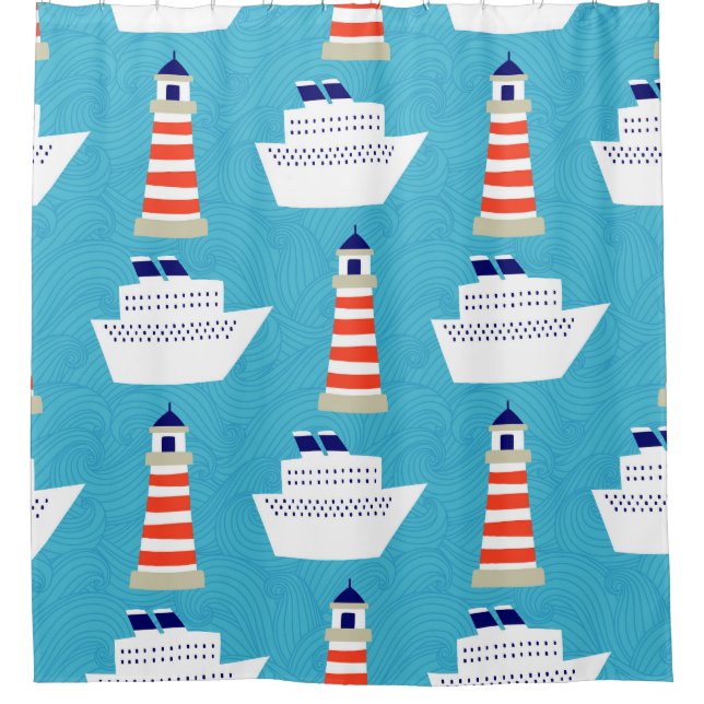 Nautical Waves: Lighthouse Cruiser Pattern. Shower Curtain (Front)