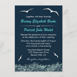 Nautical Waves & Seagulls Navy Wedding Invitations