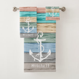 Nautical Weathered Colourful Beach Wood Anchor  Bath Towel Set