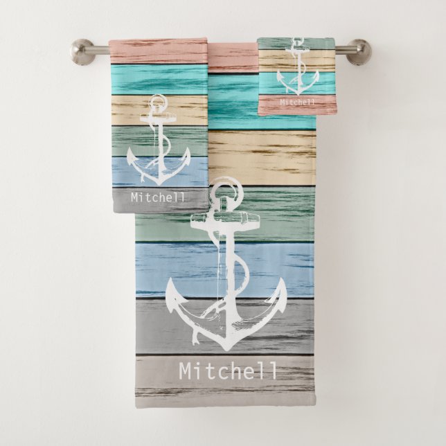 Nautical Weathered Colourful Beach Wood Anchor  Bath Towel Set (Insitu)