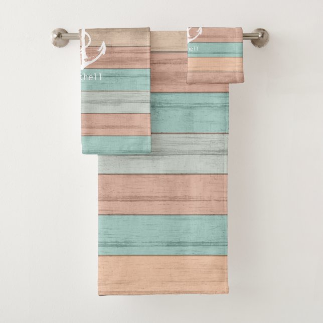 Nautical Weathered Sandy Beach Wood Anchor Bath Towel Set (Insitu)