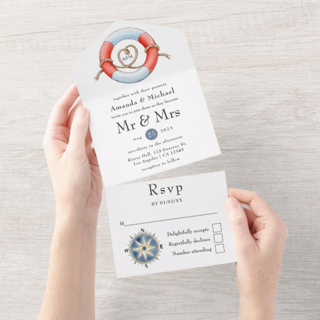 Nautical Wedding All In One Invitation (Tearaway)