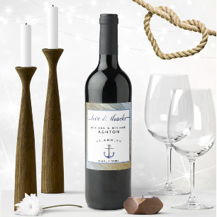 Nautical Wedding Anchor Blue & Gold  Wine Label