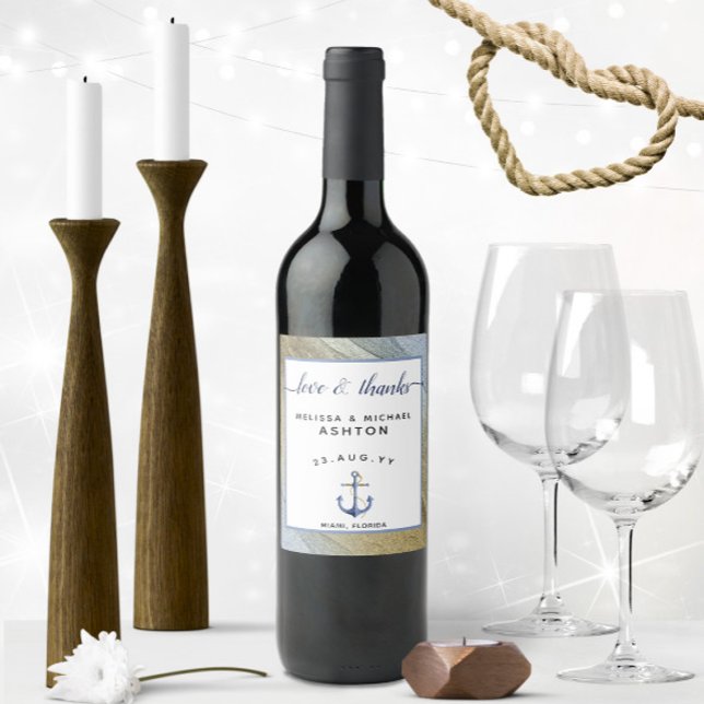 Nautical Wedding Anchor Blue & Gold  Wine Label (Nautical Love & Thanks Personalized Nautical Wedding Wine Labels with Textured Blue & Gold Border)