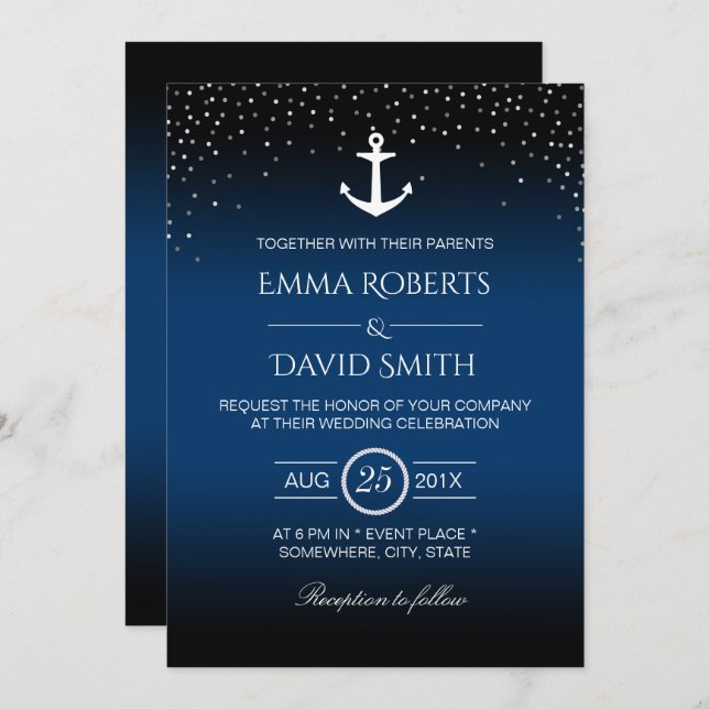 Nautical Wedding Anchor Confetti Dots Navy Blue Invitation (Front/Back)