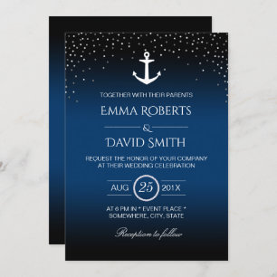 Nautical Wedding Anchor Confetti Dots Navy Blue Invitation