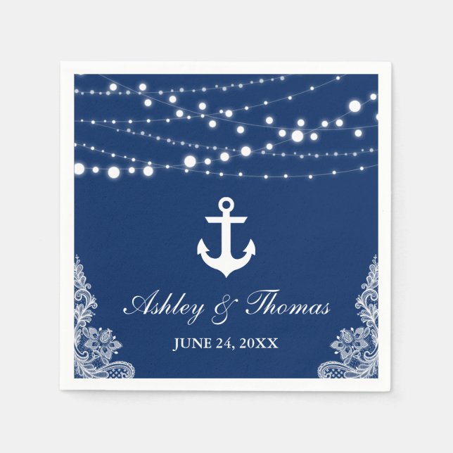 Nautical Wedding Anchor Lights & Lace Navy Blue Napkin (Front)