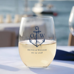 Nautical Wedding Anchor Monogram Stemless Wine Glass