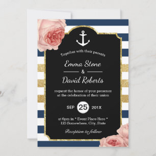 Nautical Wedding Anchor Navy & Gold Stripes Floral Invitation