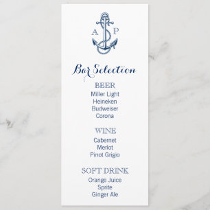 Nautical Wedding Bar Menu with anchor and initials
