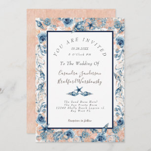 Nautical Wedding Beach Sea Shell Flowers Rose LT Invitation