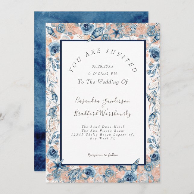 Nautical Wedding Beach Sea Shell Flowers Rose Navy Invitation (Front/Back)