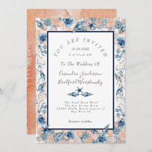 Nautical Wedding Beach Sea Shell Flowers Rose Pc Invitation