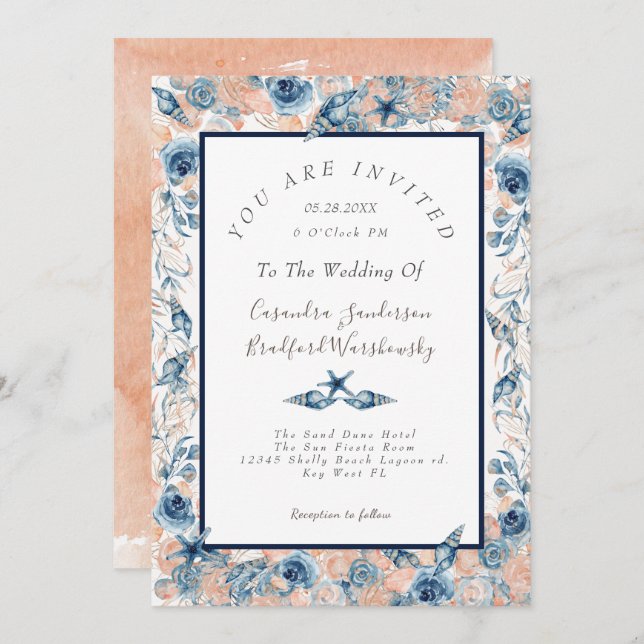 Nautical Wedding Beach Sea Shell Flowers Roses Invitation (Front/Back)
