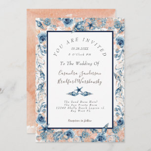 Nautical Wedding Beach Sea Shell Flowers Roses Invitation