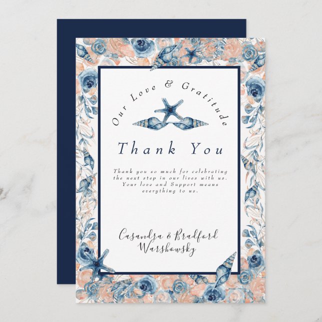 Nautical Wedding Beach Sea Shell Flowers Roses Thank You Card (Front/Back)