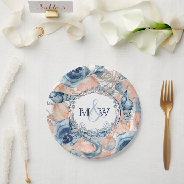 Nautical Wedding Beach Seashell and Roses, Paper Plate (Wedding)