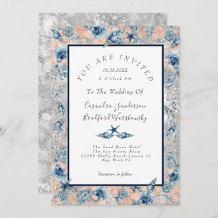 Nautical Wedding Beach Seashell Flowers Roses Grey Invitation