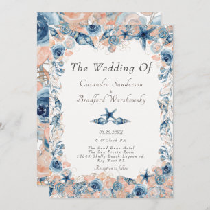 Nautical Wedding Beach Seashell Flowers Roses Invitation