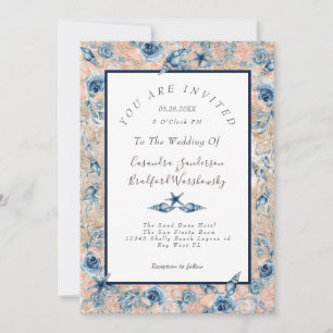 Nautical Wedding Beach Seashell Flowers Roses Wed Invitation