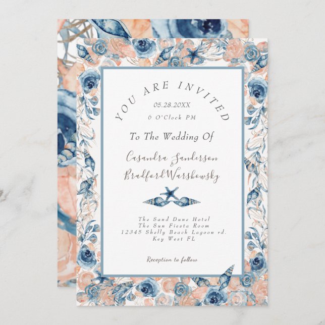 Nautical Wedding Beach Seashell Flowers Roses Wed Invitation (Front/Back)