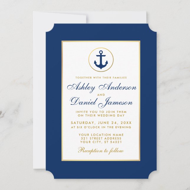 Nautical Wedding Blue Anchor Gold Invitation W (Front)