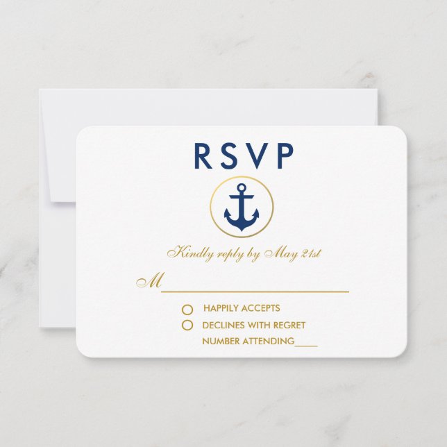 Nautical Wedding Blue Anchor Gold RSVP Card (Front)