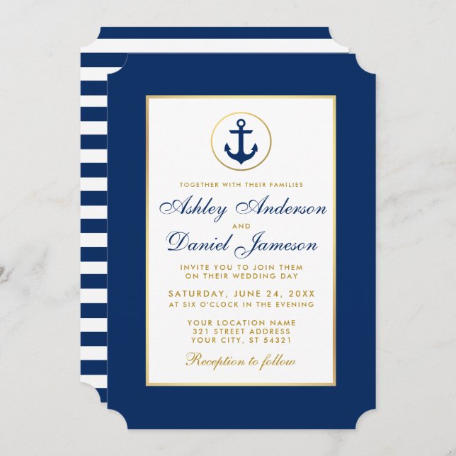 Nautical Wedding Blue Striped Gold Invitation (Front/Back)