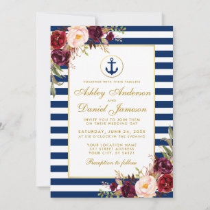 Nautical Wedding Blue Stripes Burgundy Invite GW