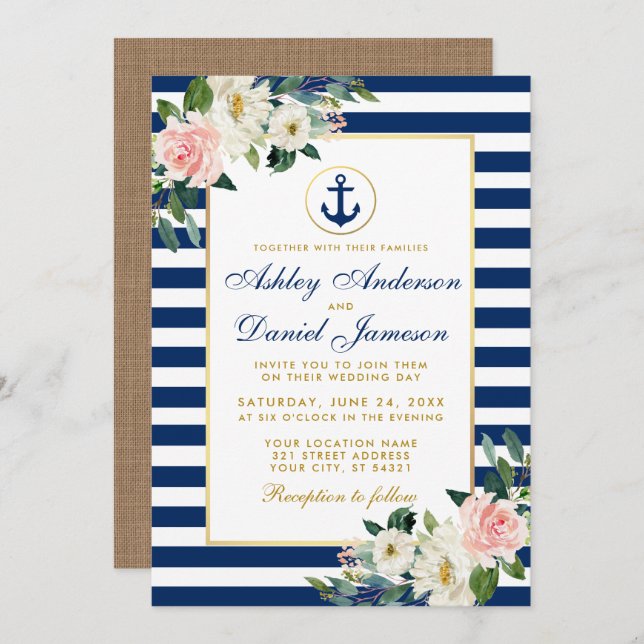 Nautical Wedding Blue Stripes Floral Burlap Invitation (Front/Back)