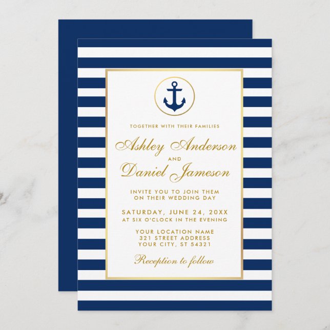 Nautical Wedding Blue Stripes Gold Invitation GB (Front/Back)