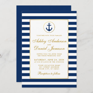 Nautical Wedding Blue Stripes Gold Invitation GB