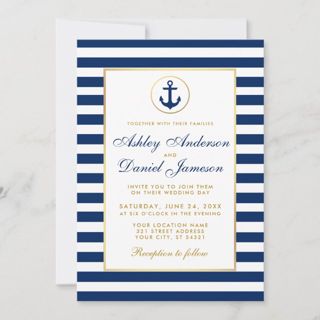 Nautical Wedding Blue Stripes Gold Invitation W (Front)