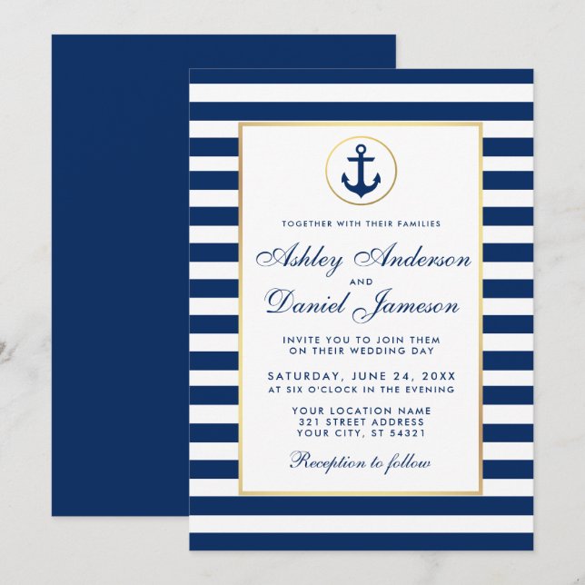 Nautical Wedding Blue Stripes Invitation B (Front/Back)